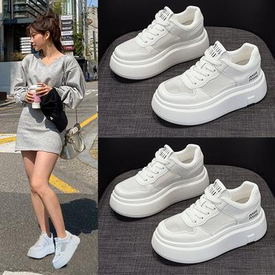 Muffin Platform White Shoes Women's 2025 New Small Height Increase Round Head Lace-up Fashionable Versatile Casual Board Shoes