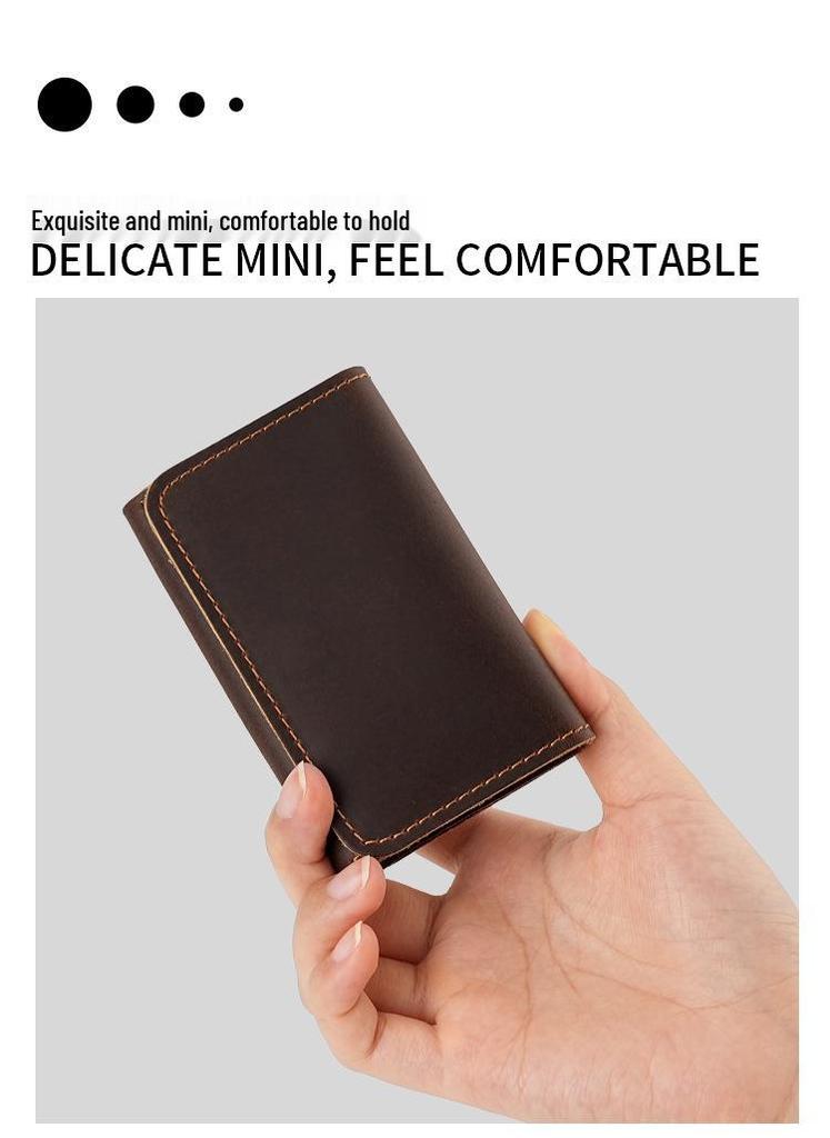 Men's Crazy Horse Leather Card Holder & Wallet - Genuine Dark Buckle, Multi-functional, Bi-fold, First Layer Cowhide