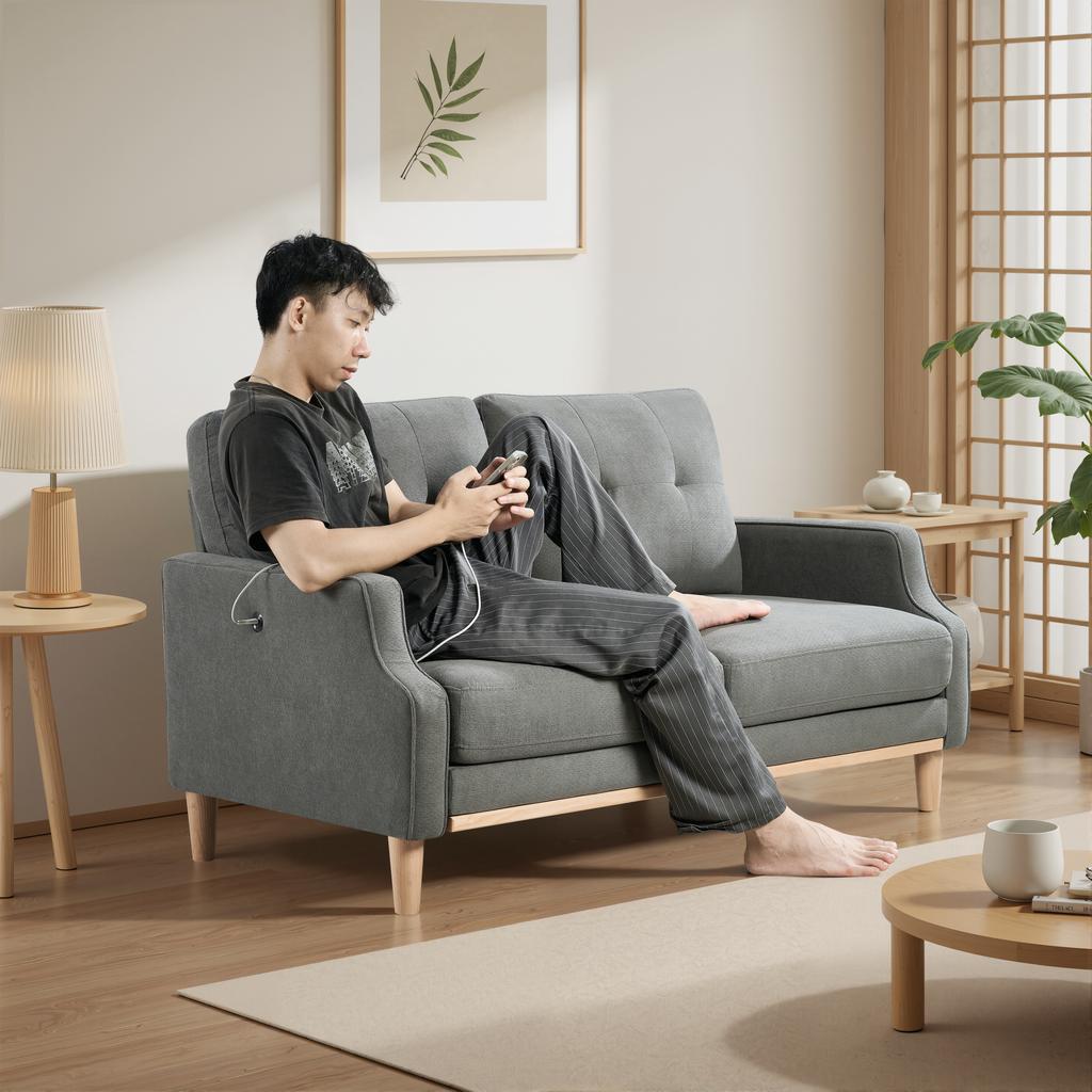 Canapé Deux Places avec Port de Charge USB et Pieds en Bois, Canapés en Tissu avec Coussin Épais pour Petit Appartement