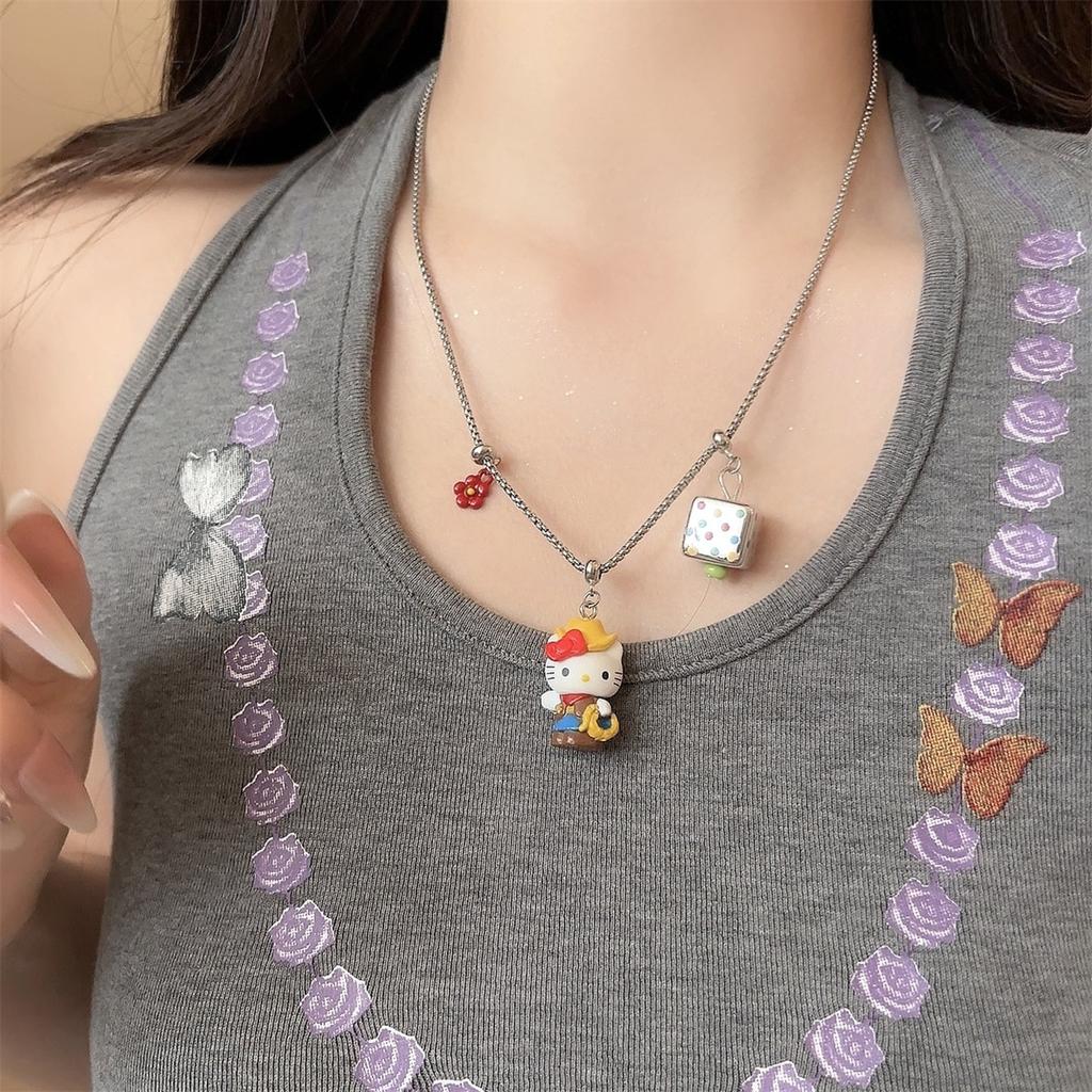 Cute Cartoon Kitty Dice Pendant Necklace for Women, Summer Unique Versatile Clavicle Chain