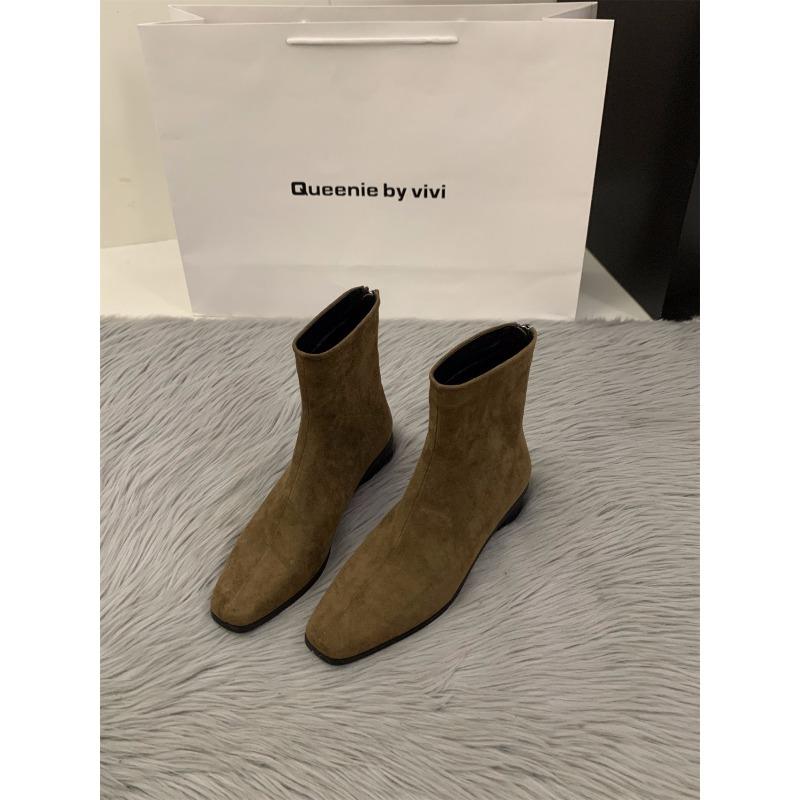 Coarse Heel Suede Small Ankle Boots Square Head Skinny Boots Women's Shoes Autumn and Winter Fleece Brown Martin Boots
