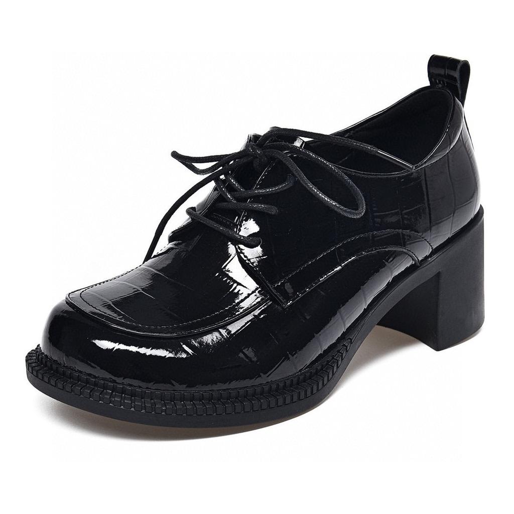 Women's Single Shoes Cow Patent Leather Thick Heel Small Leather Shoes Spring New Lace-up Medium Heel Women's Shoes