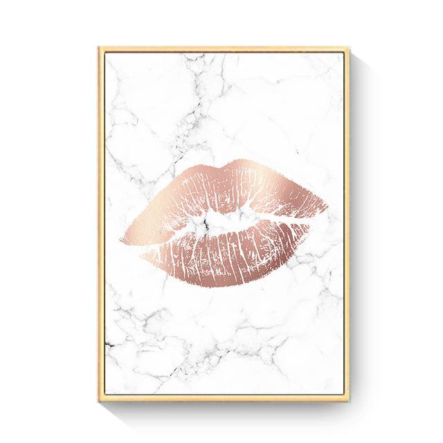 Love Poster Wall Art Pink Gold Lip Green Plant Canvas Painting Geometric Lines Picture For Bedroom Modern Home Cuadros Decor