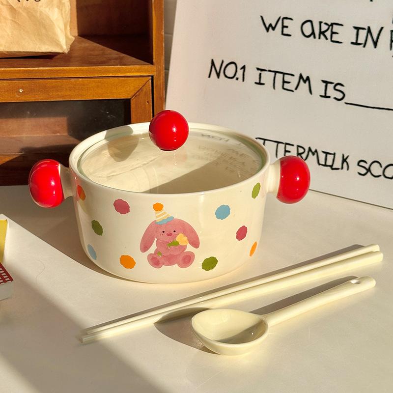Ins Cream Wind Cute Cartoon Ceramic Binaural Instant Noodle Bowl Snail Powder Bowl Noodle Bowl Soup Bowl with Lid