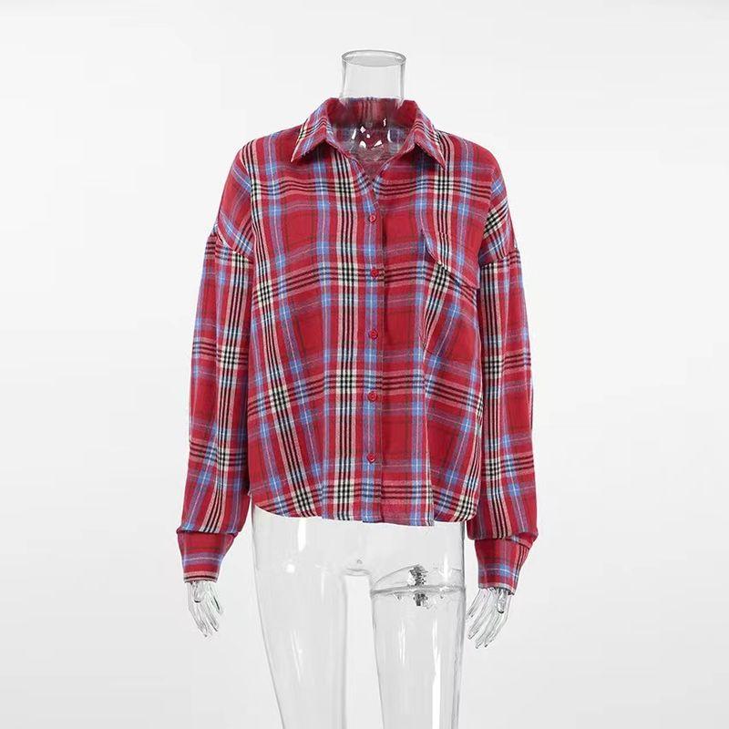

Western Style Lapel Shirt Temperament Plaid Long sleeve Shirts Flip Collar Loose Plaid Shirt Plaid L