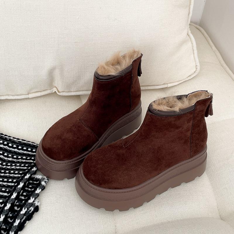 Vintage Fur Lining Women Snow Boots Comfort Platform Thick Sole Keep Warm Cotton Short Booties Winter Women's Plush Shoes