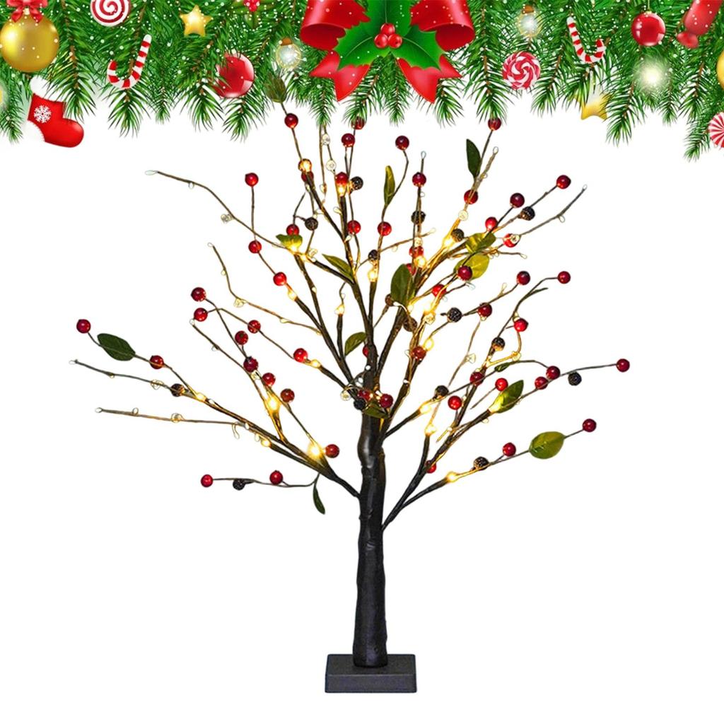 Lighted Red Berry Blossom Tree Lighted Christmas Decoration Desk Decor Holiday Tree for Apartment Restaurant Event Planners