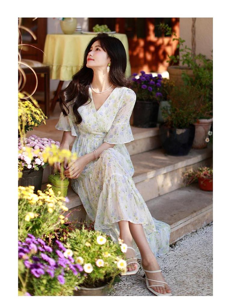 Women's Floral Chiffon Midi Dress - 2024 French Summer Slim Fit
