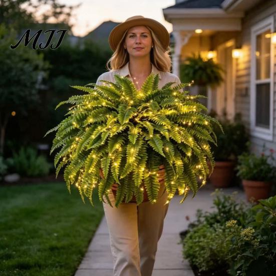 Potted Greenery for Patio Entryway Pre-Lit Artificial Ferns with Warm LED Lights, UV Resistant Faux Hanging Plants Evergreen Simulated Foliage