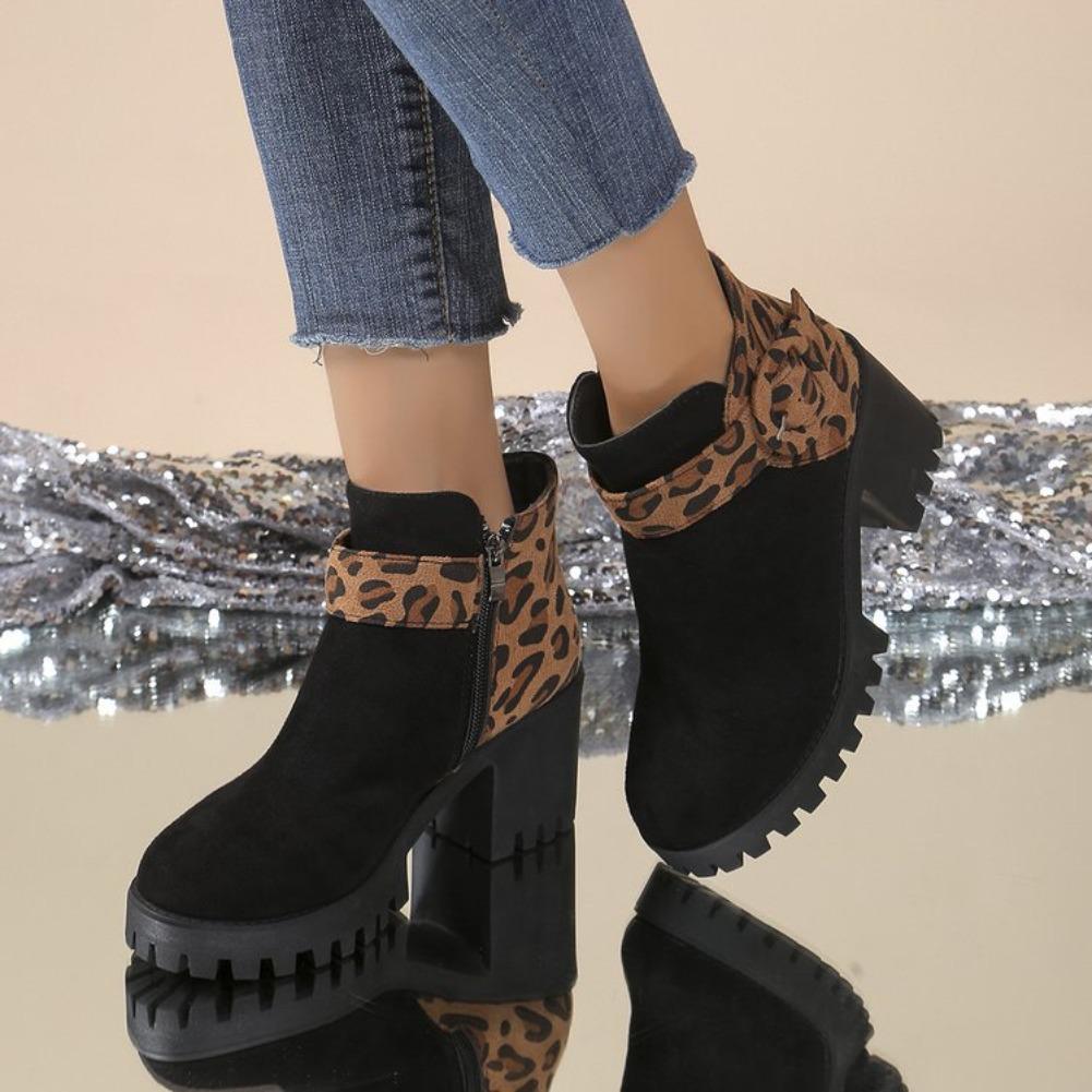 Fashionable Versatile Thick High Heels Leopard Print Short Boots Women Autumn Winter New Casual Comfortable Women's Short Boots
