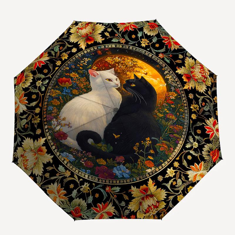 Cats, FloralThemed Automatic Opening and Closing umbrella - 8 Ribs, Suitable for Leisure and Going Out, Outdoor Accessory, Gothic Style, Fas