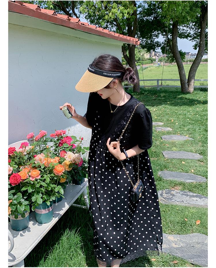 Abito a due pezzi con pois neri e patchwork, estate 2024 - Stile coreano, Vestibilità ampia e slim, Dolce gonna lunga per donna