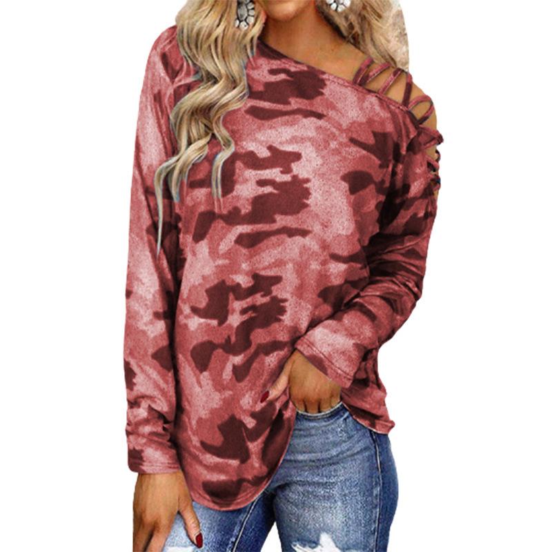 Damenmode T-Shirt Bedruckt Rundhals Langarm Top Camouflage Pullover