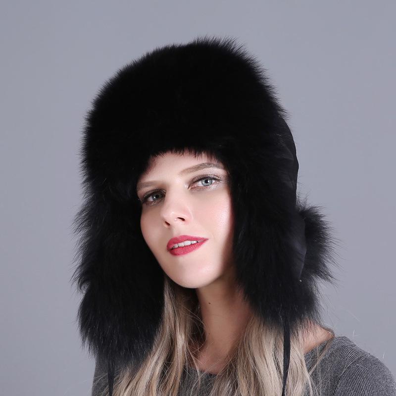 100% Real Fox Fur Hat Women's Russia Pilot Catcher Ski Cap Cap Ear flap winter raccoon fur pilot cap