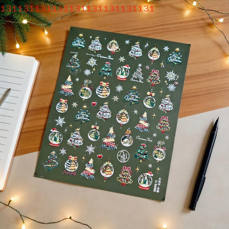 DIY Winter Nail Stickers with Metallic Christmas Tree and Cartoon Santa Claus Crystal Ball Decals