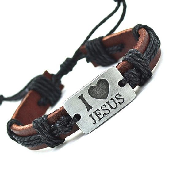 Vintage Unisex Faux Leather Bracelet Alloy I Love Jesus Letters Decor Rope Bangle