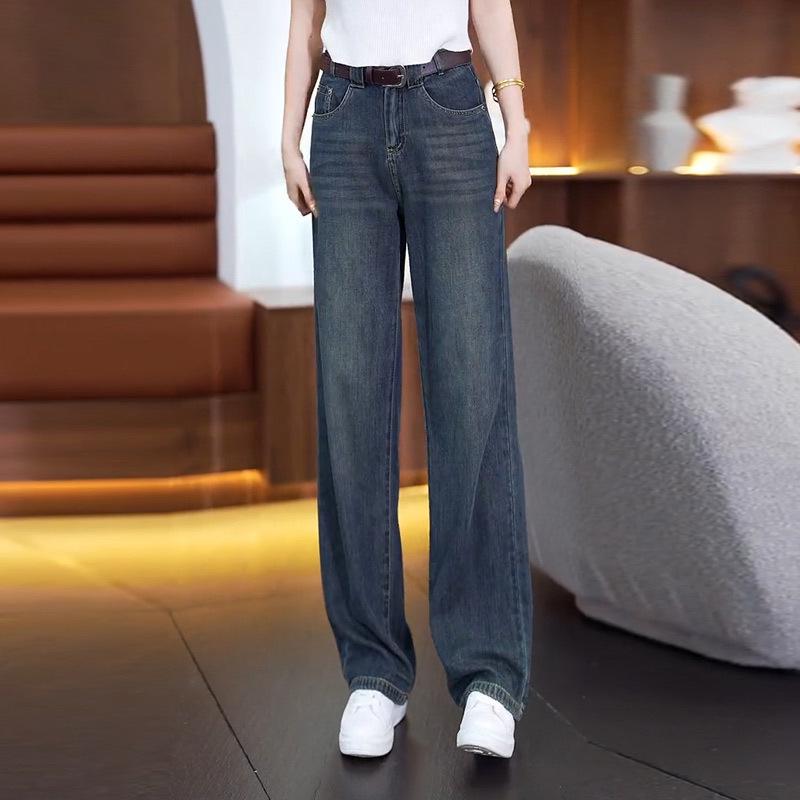 Panzhi Women's High-Waist Loose Fit Jeans - Spring Collection, Trendy Slimming Straight Leg, Casual Wide-Leg Design