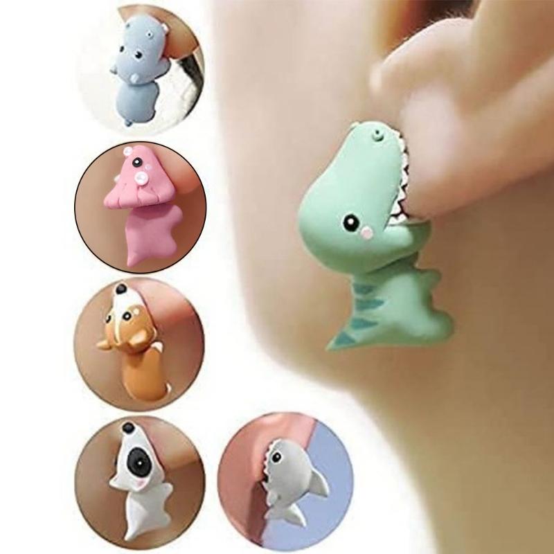 Cute Alloy Ear Studs Suitable for Women and Girls 3D Shark/Dinosaur/Whale Animal Cartoon Biting Ear Stud Earrings