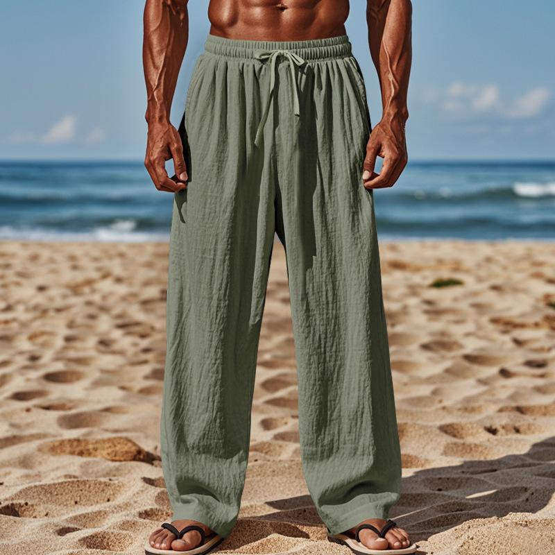 

European American New Cotton Linen Loose Men s Solid Color Casual Lace-up Trousers Are Comfortable XXXL зелений