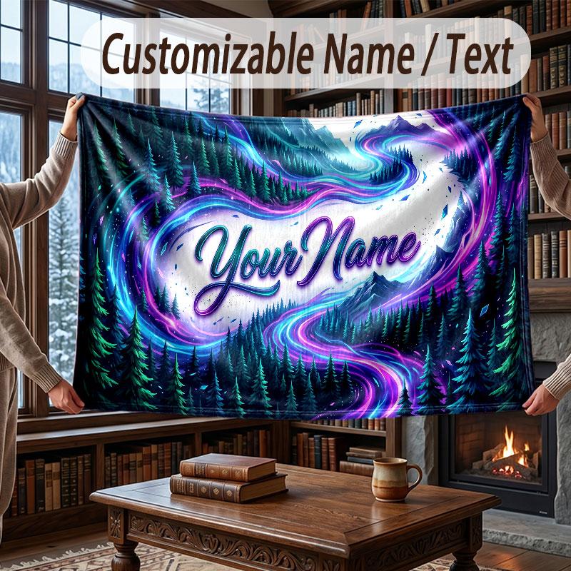 Mushroom Forest Theme Throw Blanket Custom Name Text Personalized Blanket Soft Cozy Blanket for Home Sofa Bed