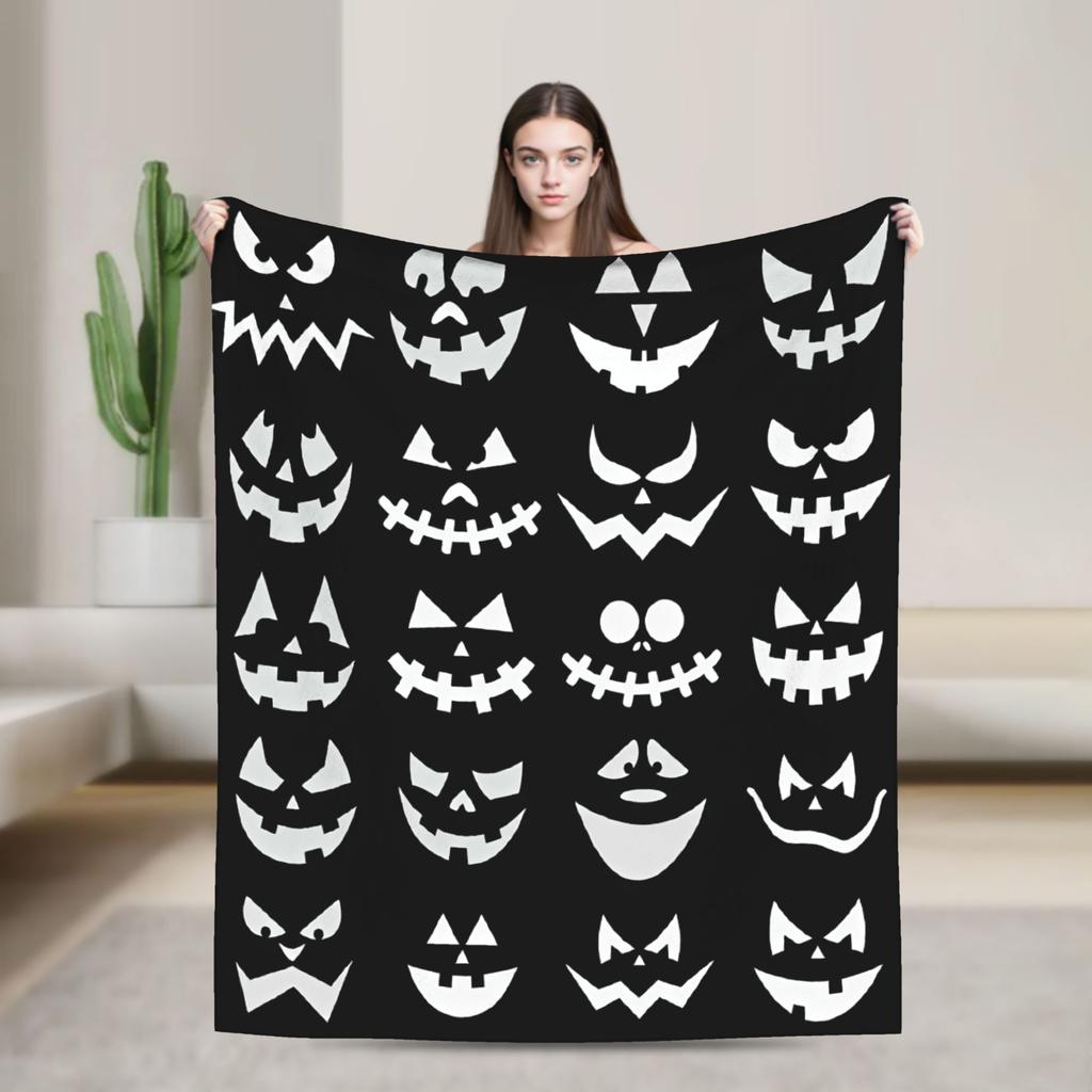 Halloween Silhouette Pumpkin Ghost Bat Witch Hat Seamless Pattern Orange Background Cozy Blanket Throws Picnic Flannel Bedspread