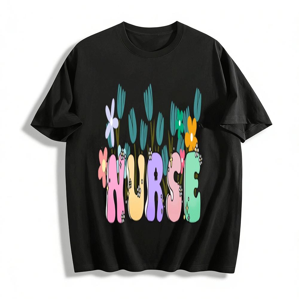 Floral NURSE Print Casual T-Shirt Women Cute Nursing Graphic Tee Tops Pure cotton T-shirt XXS
