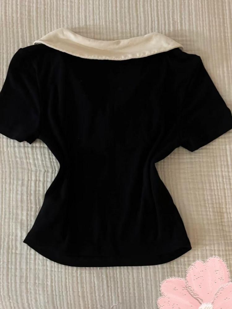 2025 Ropa Mujer Black Woman T Shirts Patchwork Plaid Short Sleeve Base Shirt Fashion Vintage Summer T-shirt Tops Female Clothing