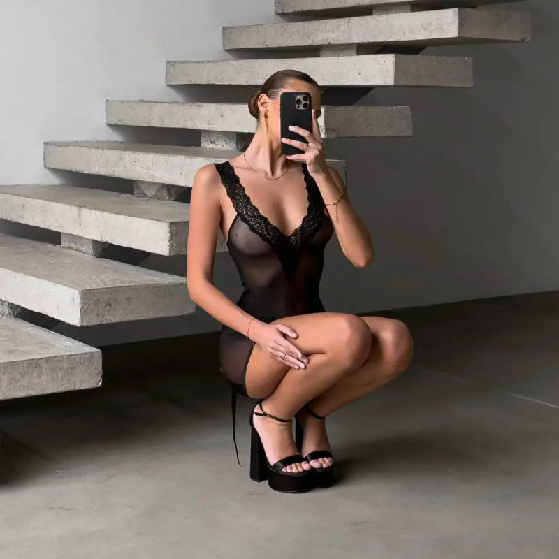 Lace V Neck Transparent Temptation Nightgown Erotic Pure Desire With Thong Underwear