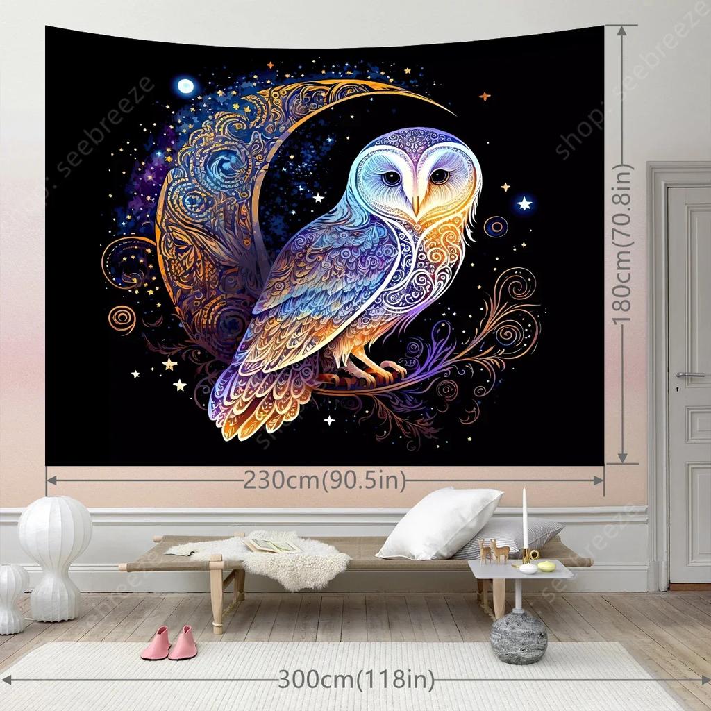 Lunar Owl Wall Tapestry Celestial Aesthetic, Moon Lovers Gift, Witch Wall Art, Ethereal Altar Cloth Trippy Room Decor Aesthetic
