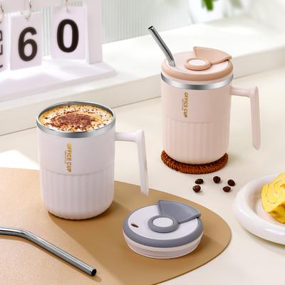 Mjölk-kaffekopp i rostfritt stål, bärbar, läckagesäker, dubbelväggig värmeisolering, vattenmugg med handtag, tekoppar för hem och kontor, gåva