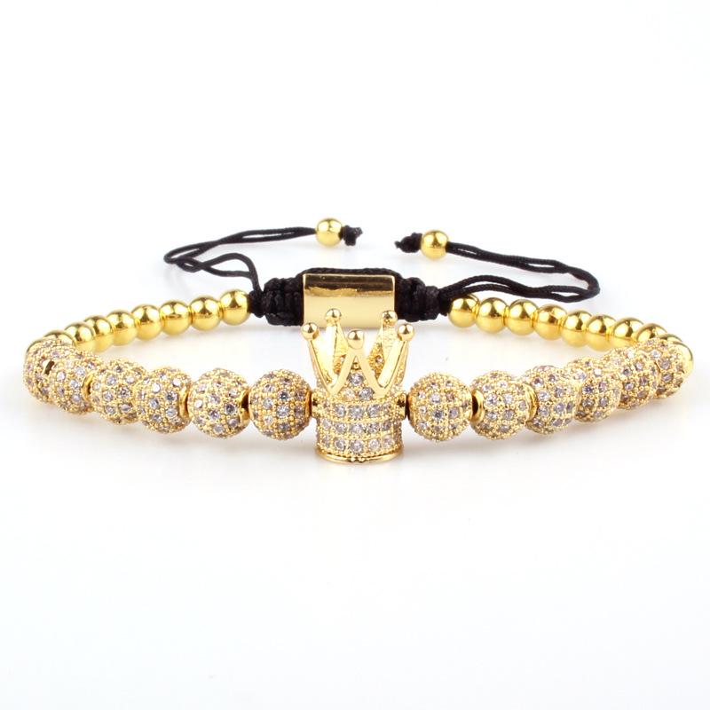 Stylish Micro-inlaid Zircon Punk CZ Ball Crown Woven Bracelet