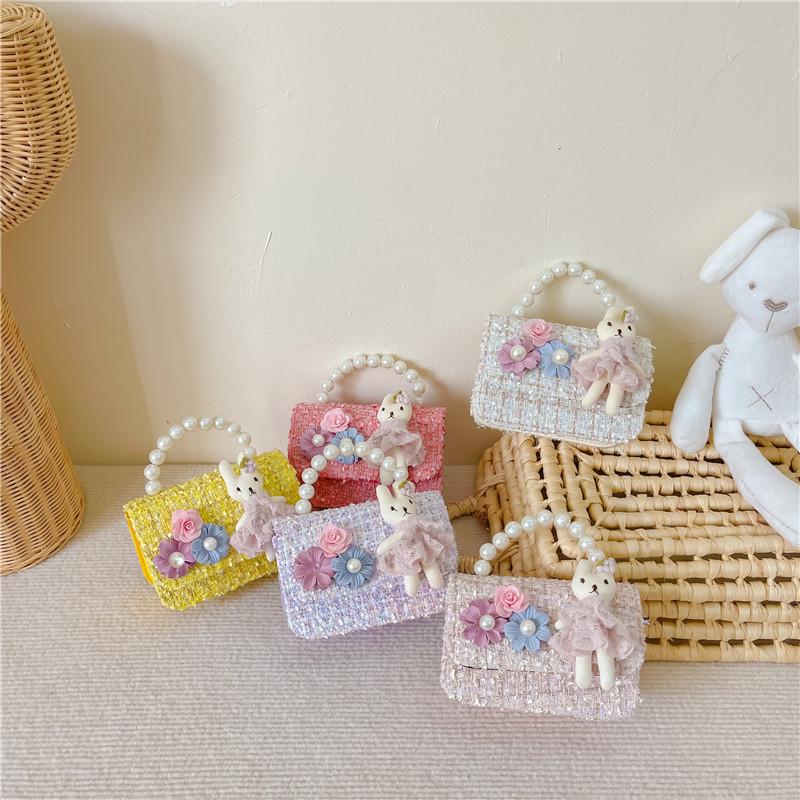 New Girls' Pearl Tweed Handbag: Trendy Little Flower Princess Crossbody Bag