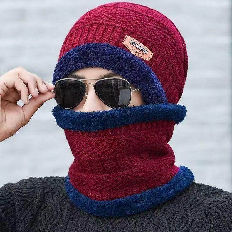 Men's Winter Ear Protection Knitted Hat & Thickened Velvet Neck Warmer Set