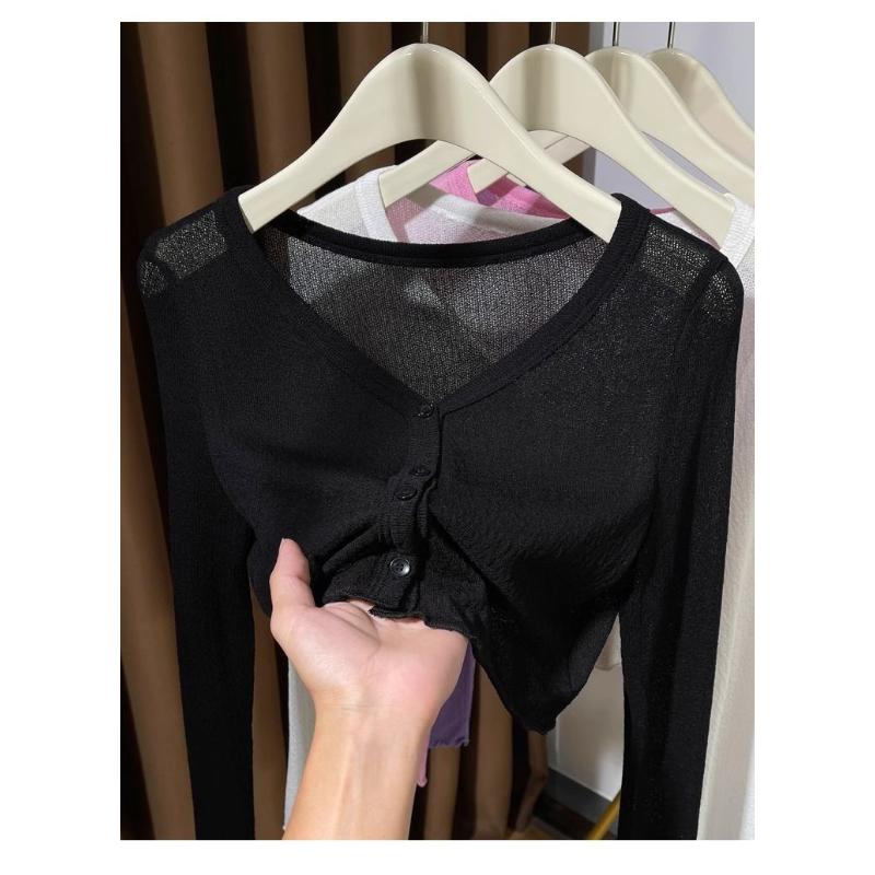 Ice Silk Shawl Blouse Sun Protection Clothing for Women New Spring Autumn Short Knitted Thin Cardigan Jacket Top