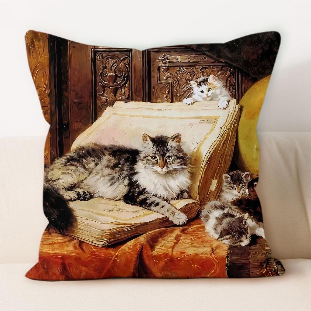 Oil Painting Cat Cat Picture Pillowcase Living Room Sofa Cushion Cover Bedside Pillow Pillowcase Home Decoration