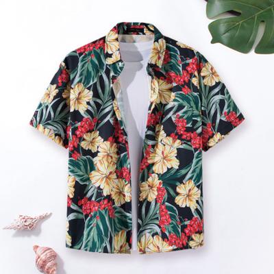 Casual Lapel Short Sleeve Buttons Closure Men Shirt Summer Floral Leaves Printed Thin Hawaiian Beach Shirt Streetwear