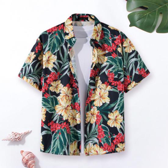 Casual revers korte mouw knopen sluiting heren shirt zomer bloemen bladeren gedrukt dunne Hawaiiaanse strandoverhemd streetwear