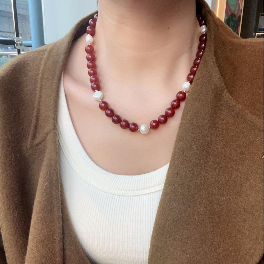 100% Natürliche Süßwasserperle & Roter Achatstein 14K Goldgefüllt Damen Perlenketten-Halskette Für Frauen Geburtstagsgeschenke