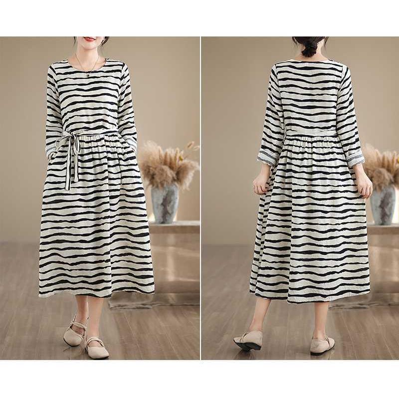 Striped Printed Round Neck Long Sleeve Tie Dress