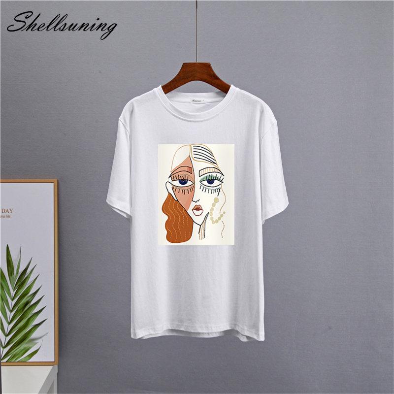 Shellsuning Summer Retro Character Printed T Shirts Women Korean Graphic Trendy Tees Loose Casual Short Sleeve Female Tops