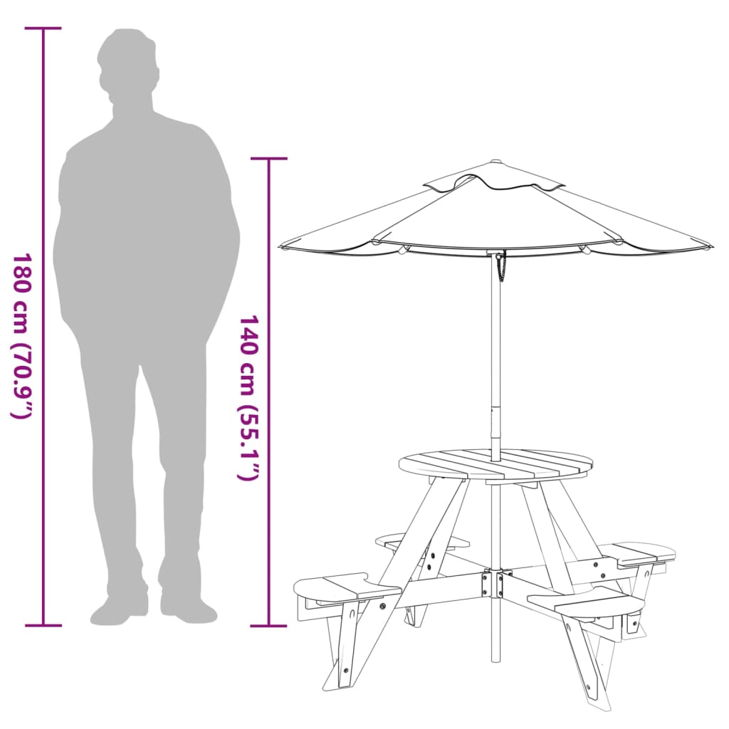 4 Child Picnic Table with Sun Umbrella Round Pine Wood