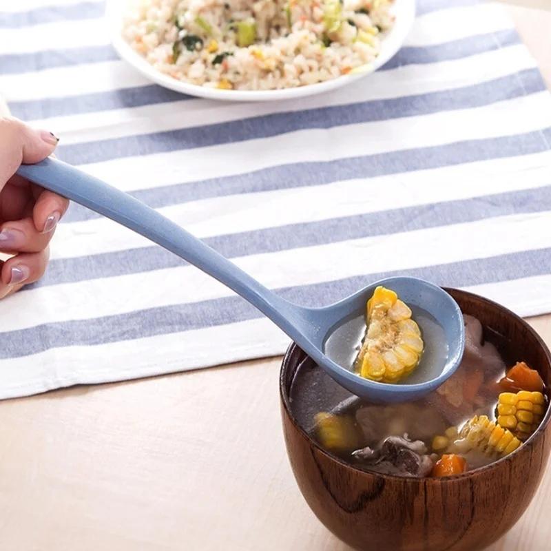 Tableware Wheat Straw Soup Ladle 4 Colors Long Handle Soup Rice Spoon Meal Dinner Scoops Household Kitchen Supplies Cooking Tool
