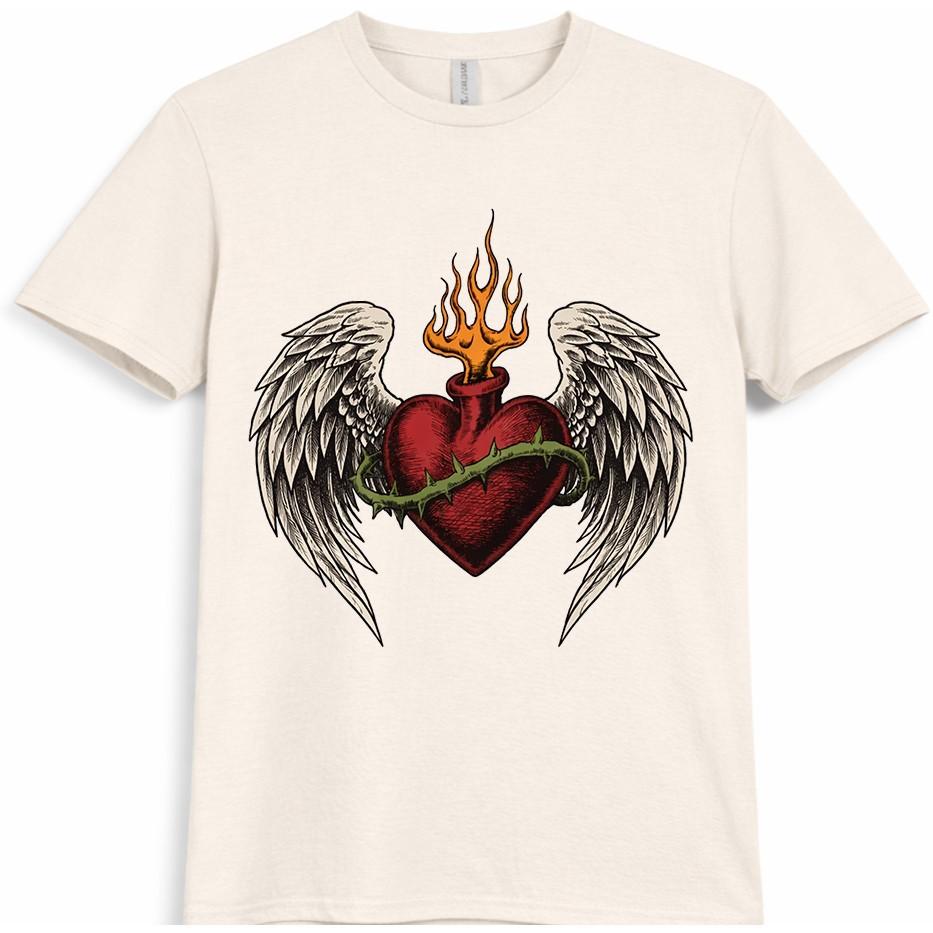 Flaming Heart T Shirt Angel Wings Tattoo Style Biker Gothic Graphic Tee