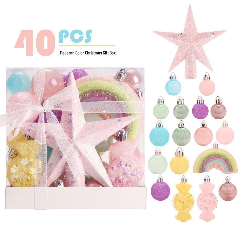 Macaron-Colored Christmas Tree Ornament Set: Painted Ball, Star, and Tree Topper Decorations