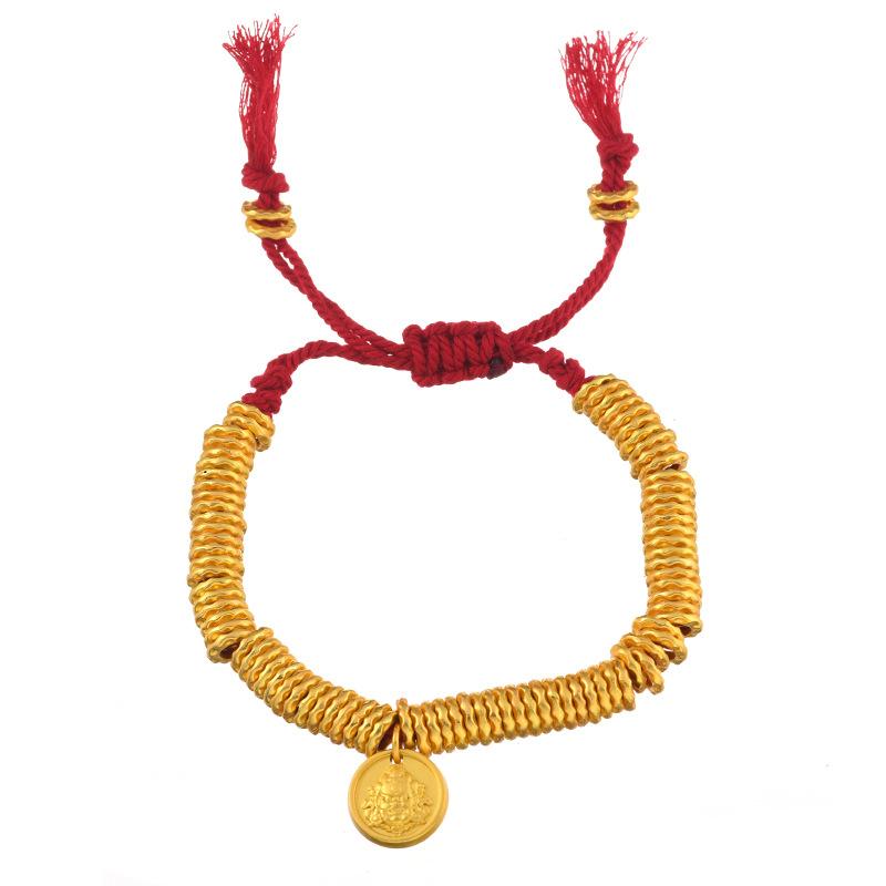 Ancient sand gold hammer pattern coiling bracelet yellow God of Wealth five emperors money red rope woven bracelet men's and women's retro hand rope