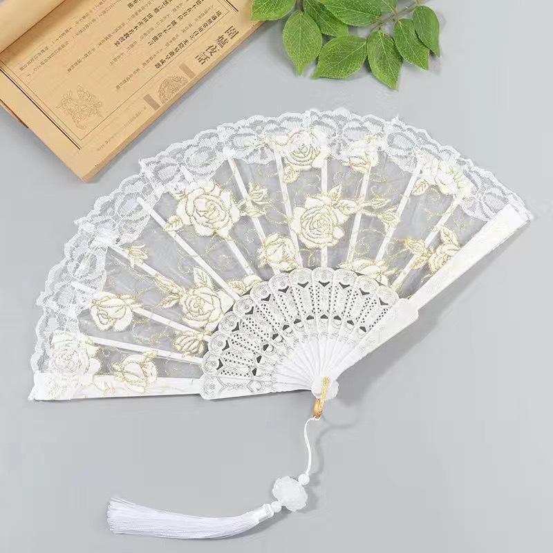 1Pc Chinese Ancient Style Flower Women Folding Fan with Tassel Fringe Hanfu Cheongsam Dance Fan Photo Props Summer Handheld Fan