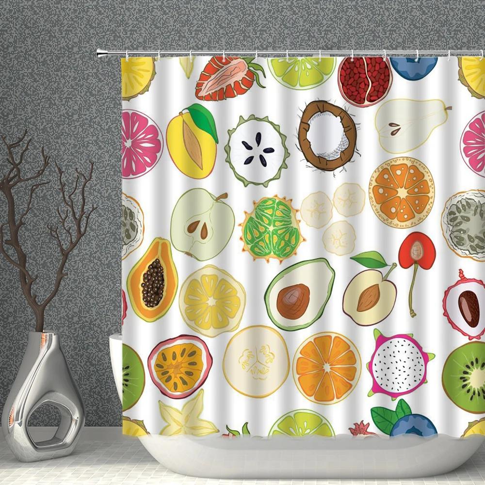 Fruits Shower Curtain Waterproof Fabric Watermelon Apple Strawberry Print Bath Curtains Set Pink Green White Bathroom Screen