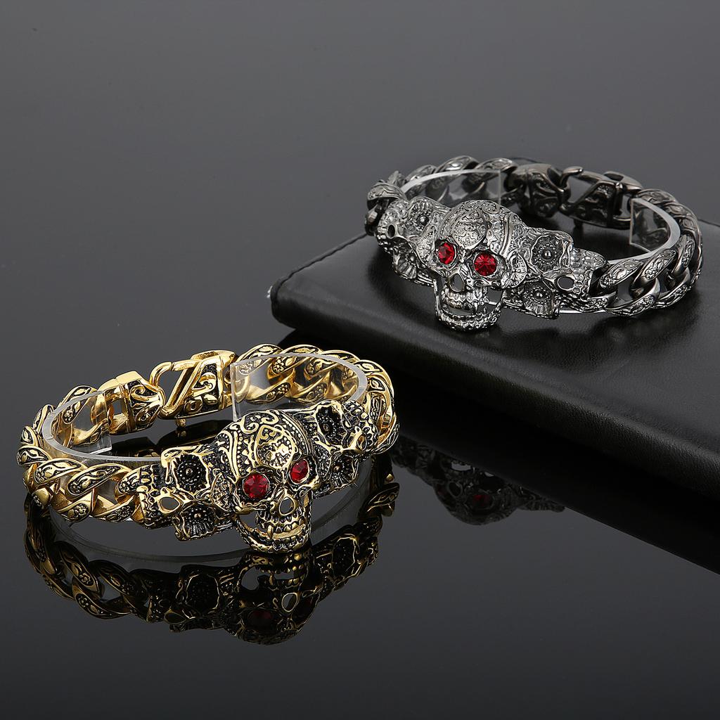 15mm Breite Geschnitzte Punk Edelstahl Herren Armband Schädel Luxus Kette Zubehör