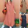 Women's Shirt Dress Buttons V-Neck Long Sleeve Maxi Dress Turn-Down Collar Solid Color A-Line Dress