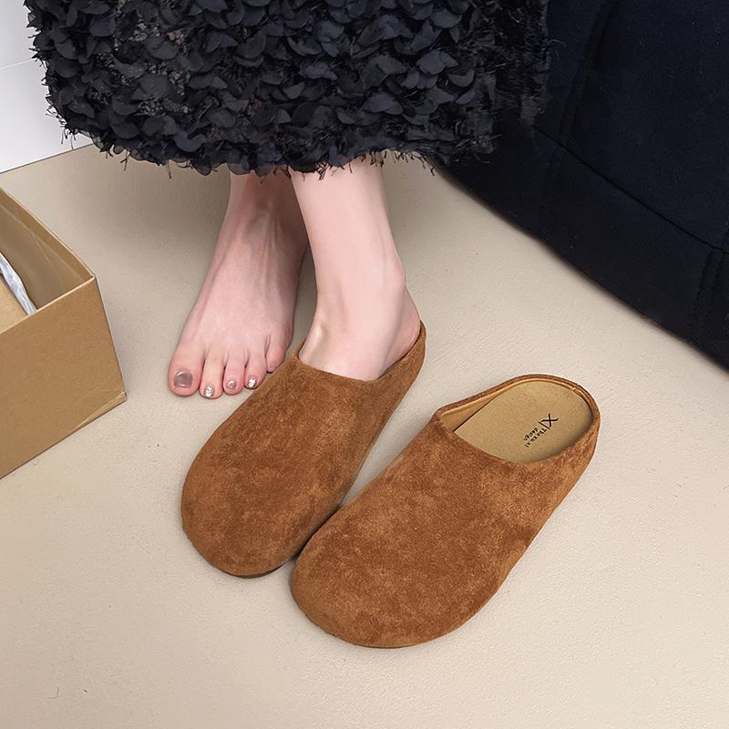Fashion 2025 Women's Slippers Closed Toe Round Toe Suede Clogs Sandals Autumn New Retro Solid Color Flat Bottom Women's Slingback Shoes